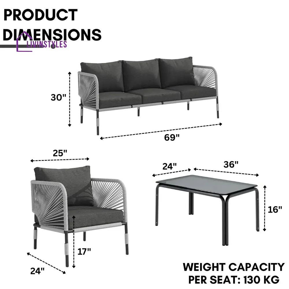 Bellamy Outdoor Rope 5-Seater Sofa Set With Glass Top Table - Sofa Set