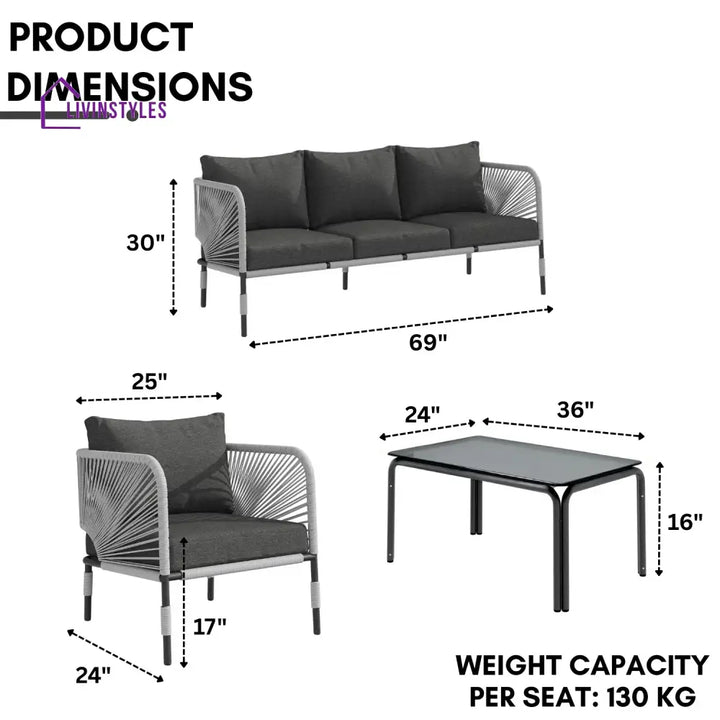 Bellamy Outdoor Rope 5-Seater Sofa Set With Glass Top Table - Sofa Set