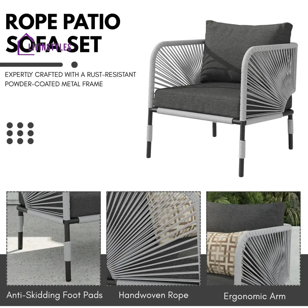 Bellamy Outdoor Rope 5-Seater Sofa Set With Glass Top Table - Sofa Set