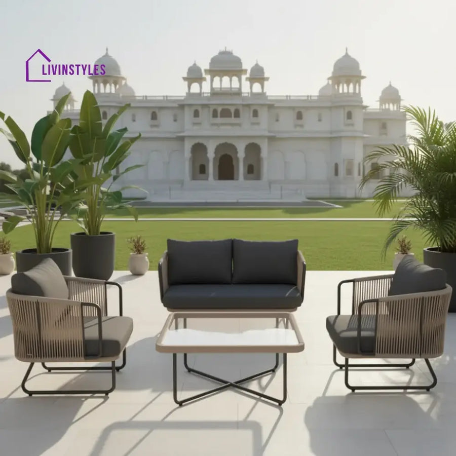 Belle Outdoor Garden Balcony Sofa Set 2 Seater 2 Single Seater 1 Center Table Set (Dark Grey) Braided and Rope - Sofa