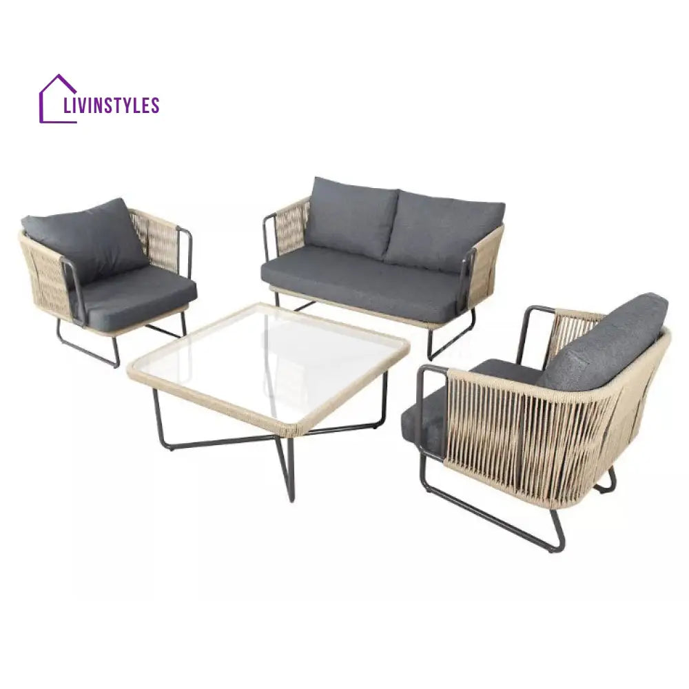 Belle Outdoor Garden Balcony Sofa Set 2 Seater 2 Single Seater 1 Center Table Set (Dark Grey) Braided and Rope - Sofa