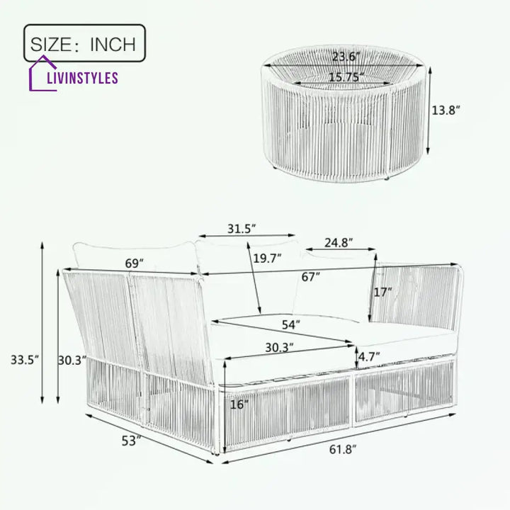 Benito Outdoor Poolside Sunbed With Cushion Daybed And Side Table (Braided & Rope) - Sunbed