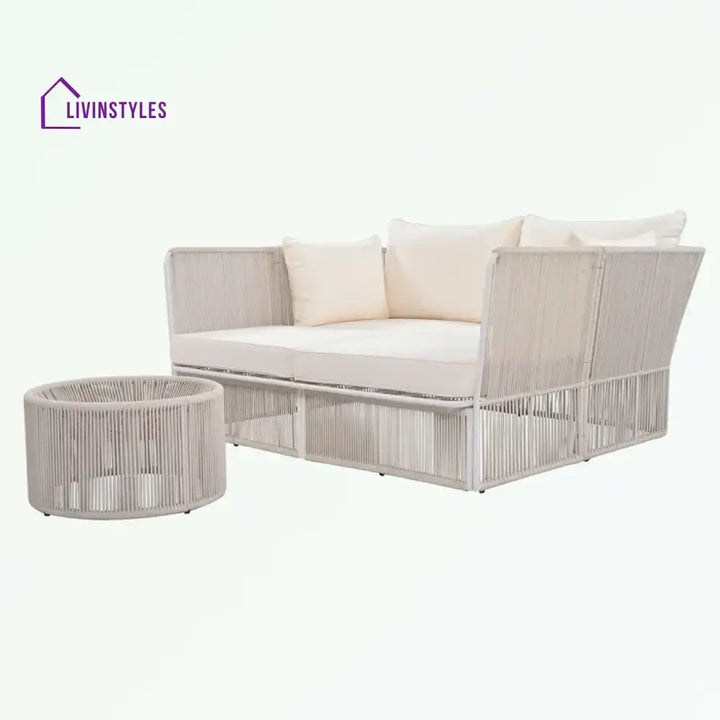 Benito Outdoor Poolside Sunbed With Cushion Daybed And Side Table (Braided & Rope) - Sunbed