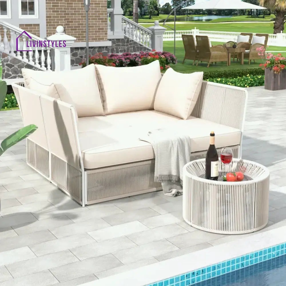 Benito Outdoor Poolside Sunbed With Cushion Daybed And Side Table (Braided & Rope) - Sunbed