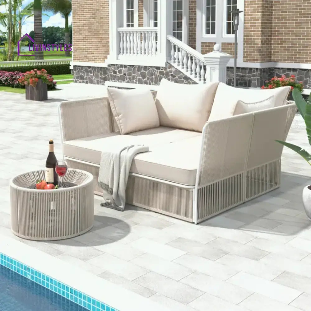 Benito Outdoor Poolside Sunbed With Cushion Daybed And Side Table (Braided & Rope) - Sunbed