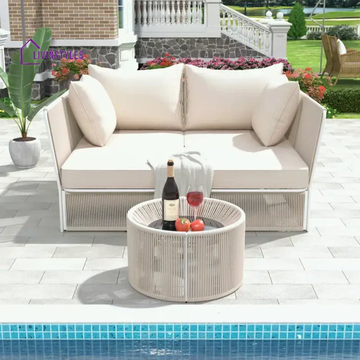Benito Outdoor Poolside Sunbed With Cushion Daybed And Side Table (Braided & Rope) - Beige - Sunbed