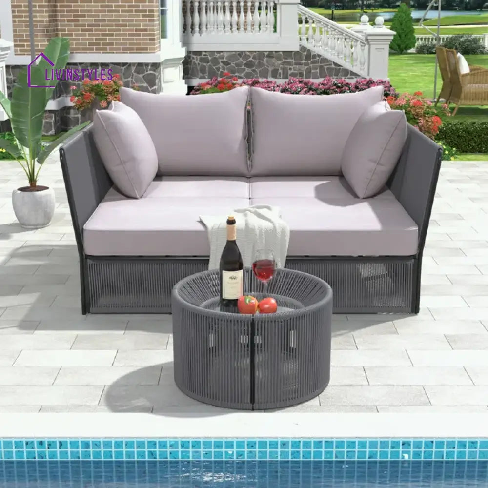 Benito Outdoor Poolside Sunbed With Cushion Daybed And Side Table (Braided & Rope) - Grey - Sunbed