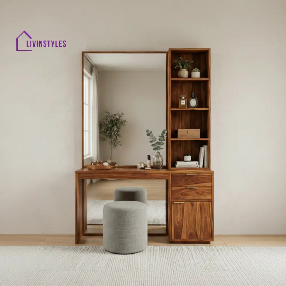 Benjamin Sheesham Wood Dressing Table with Mirror and Storage (Honey Finish)
