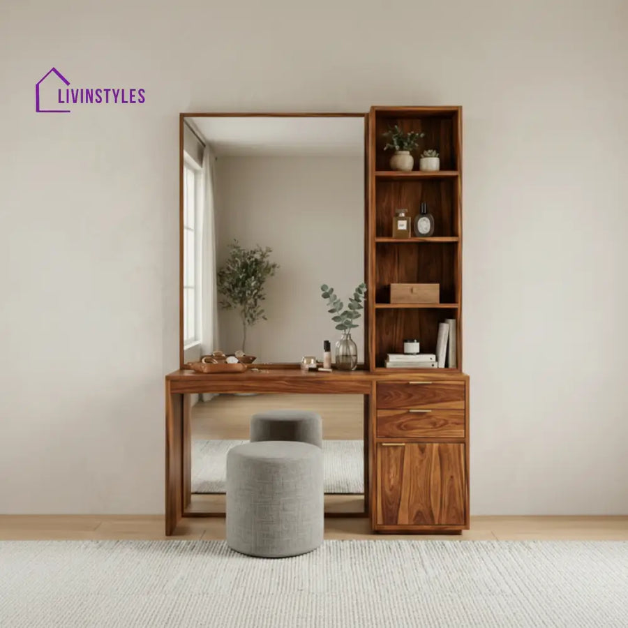 Benjamin Sheesham Wood Dressing Table with Mirror and Storage (Honey Finish)