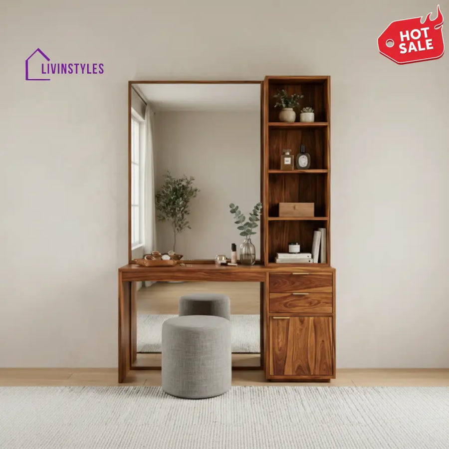 Benjamin Sheesham Wood Dressing Table with Mirror and Storage (Honey Finish)