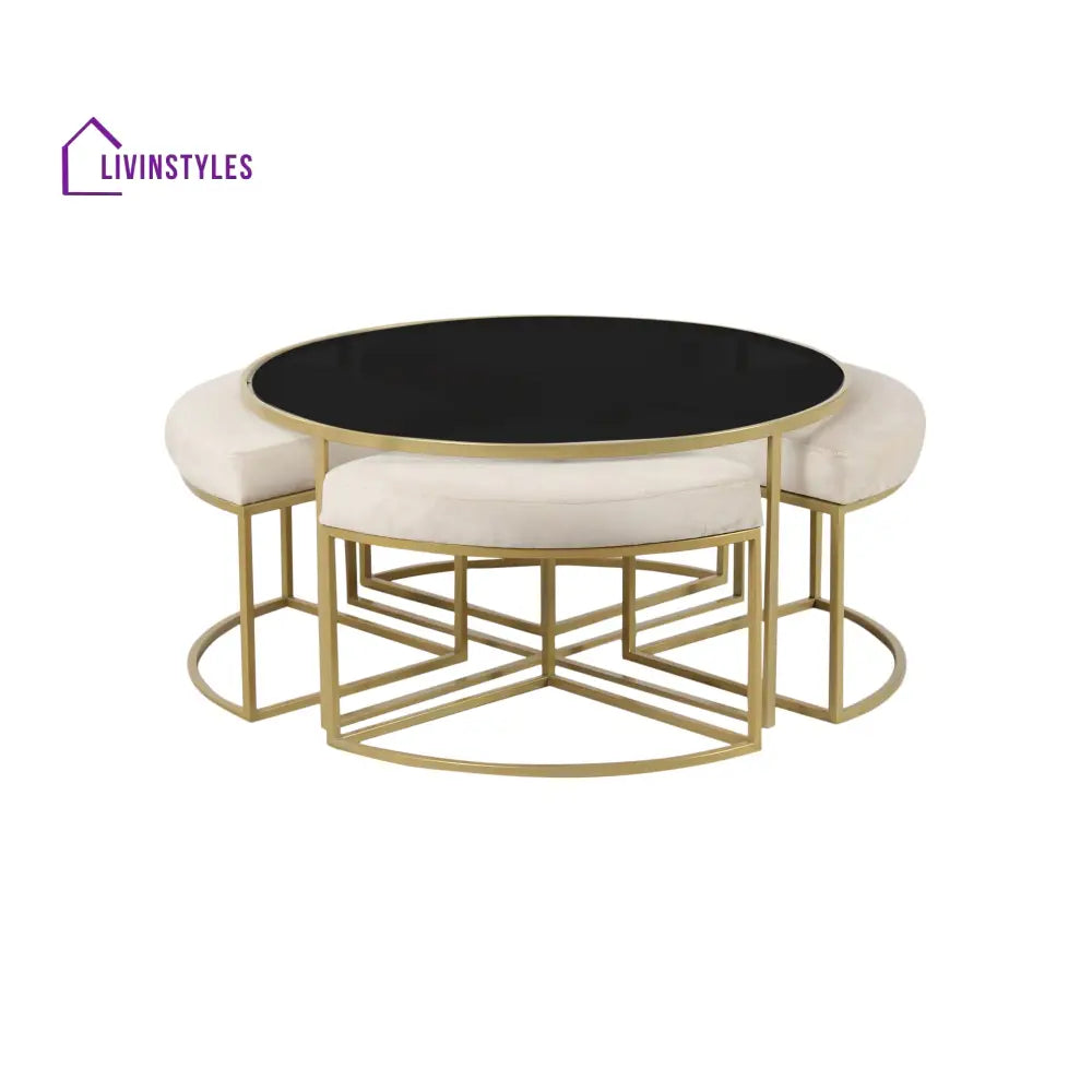 Benton Nesting Black Glass Coffee Table Set With 4 Stools In Gold Finish