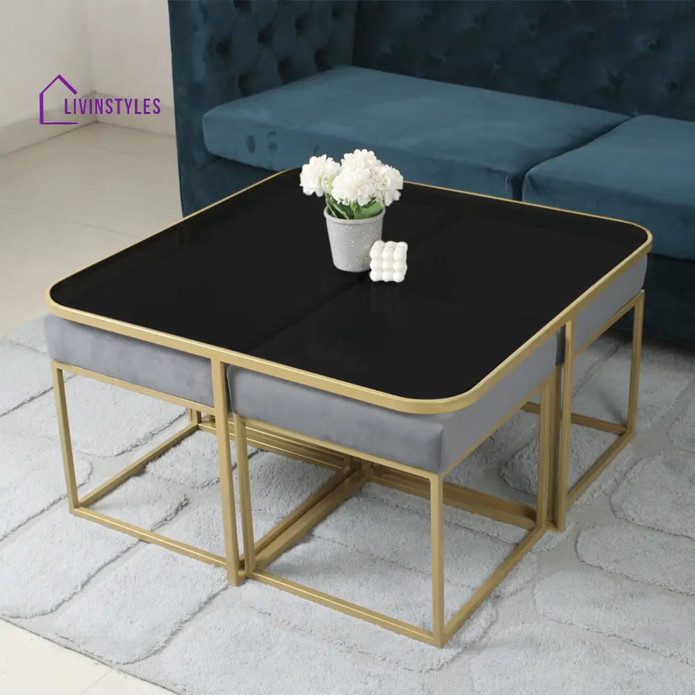 Benton Nesting Black Glass Coffee Table Set With 4 Stools In Gold Finish