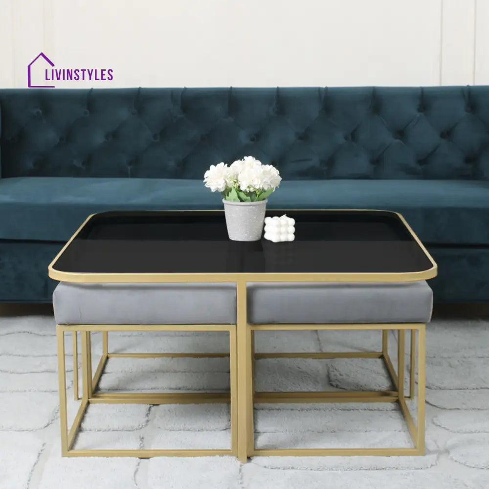 Benton Nesting Black Glass Coffee Table Set With 4 Stools In Gold Finish