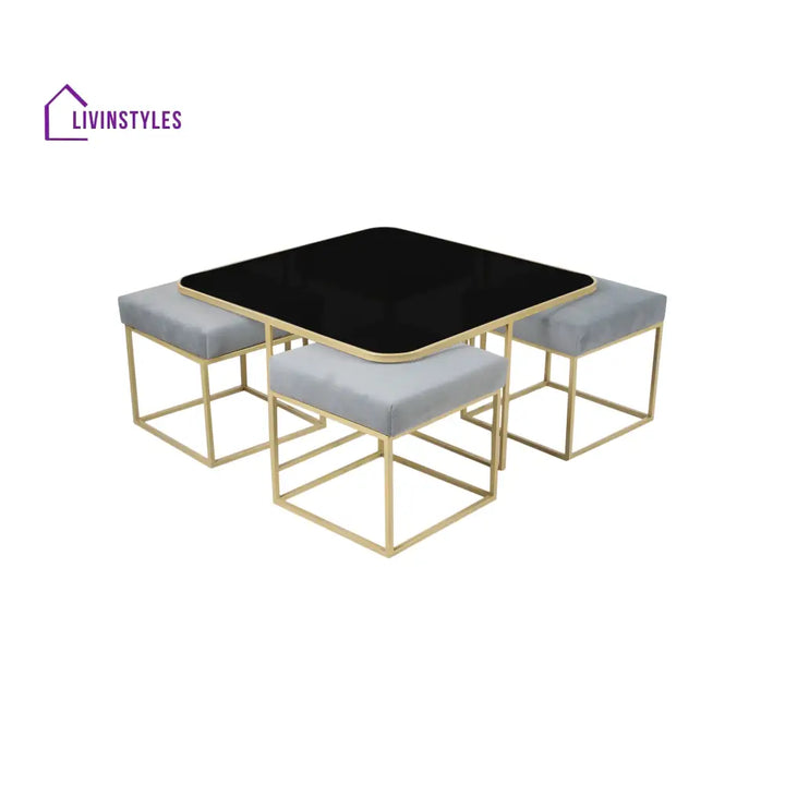 Benton Nesting Black Glass Coffee Table Set With 4 Stools In Gold Finish