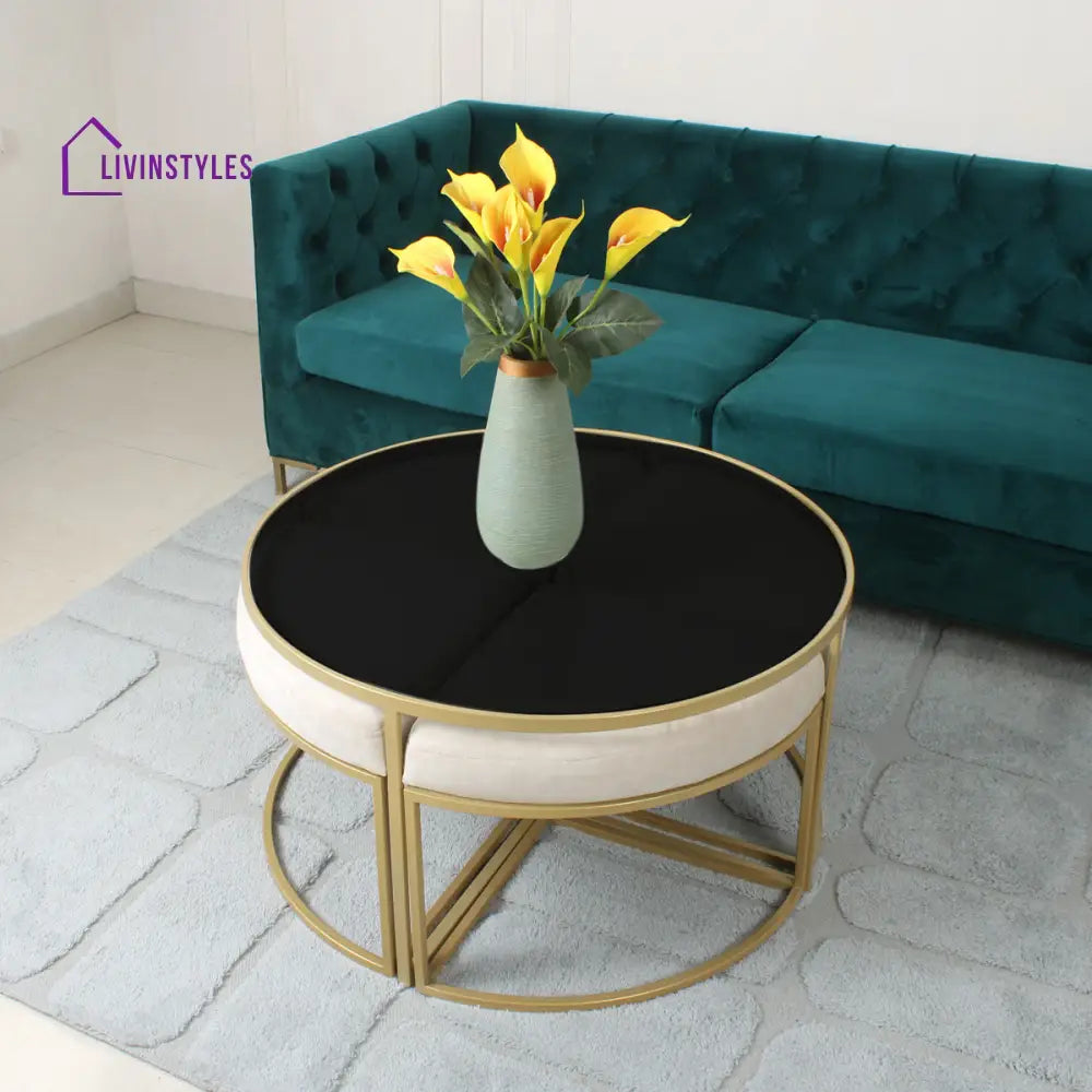 Benton Nesting Black Glass Coffee Table Set With 4 Stools In Gold Finish