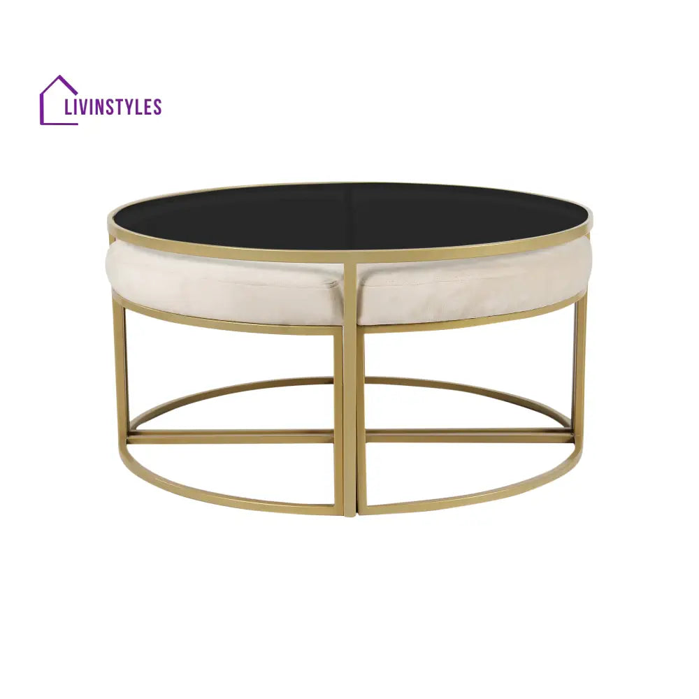 Benton Nesting Black Glass Coffee Table Set With 4 Stools In Gold Finish