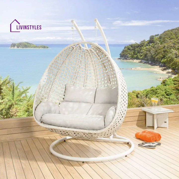 Benu Double Seater Hanging Swing With Stand For Balcony | Garden (White) Swings