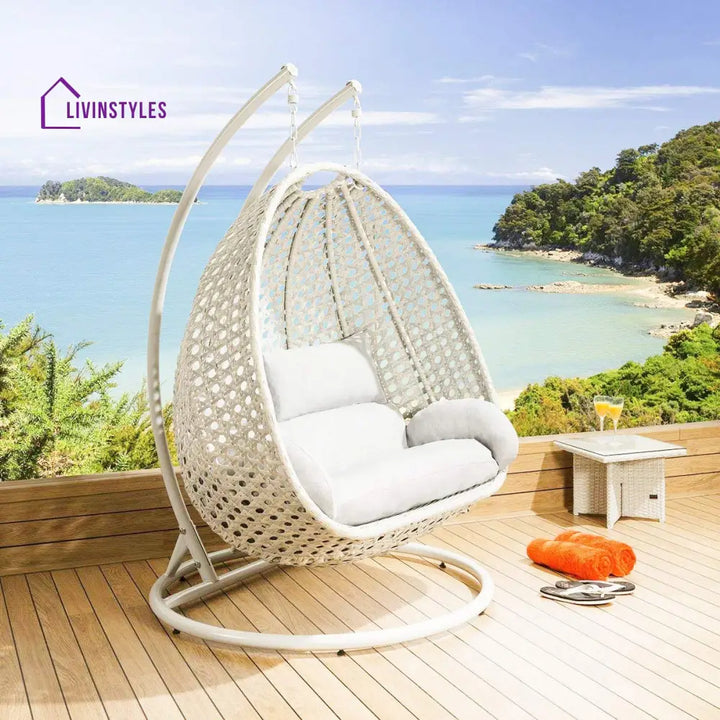 Benu Double Seater Hanging Swing With Stand For Balcony | Garden (White) Swings