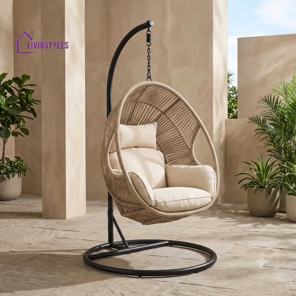 Berenice Single Seater Metal Frame Swing Chair With Stand and Rope Woven Seat