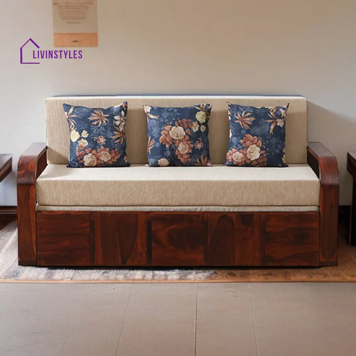 Bergen Sheesham Wood Pull Out 3 Seater Sofa Cum Bed In Scratch Resistant Honey Oak Finish