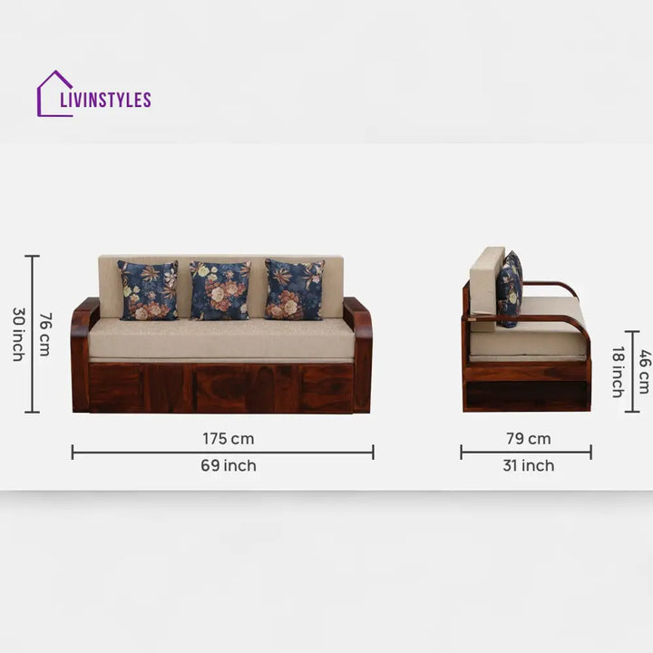 Bergen Sheesham Wood Pull Out 3 Seater Sofa Cum Bed In Scratch Resistant Honey Oak Finish