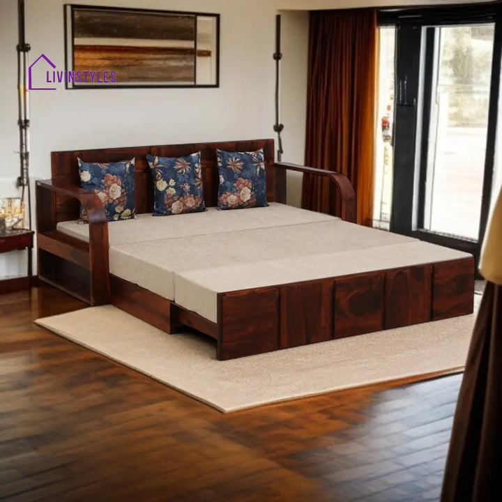 Bergen Sheesham Wood Pull Out 3 Seater Sofa Cum Bed In Scratch Resistant Honey Oak Finish