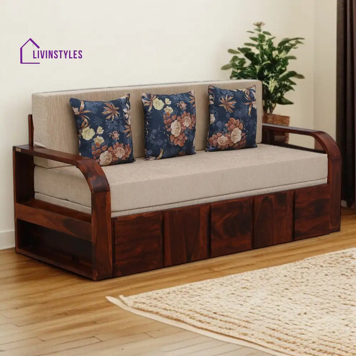 Bergen Sheesham Wood Pull Out 3 Seater Sofa Cum Bed In Scratch Resistant Honey Oak Finish