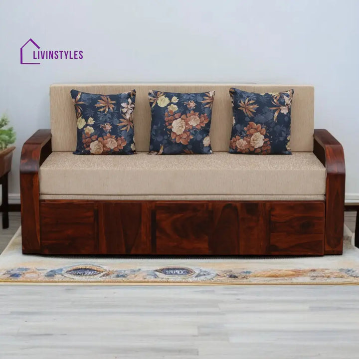 Bergen Sheesham Wood Pull Out 3 Seater Sofa Cum Bed In Scratch Resistant Honey Oak Finish