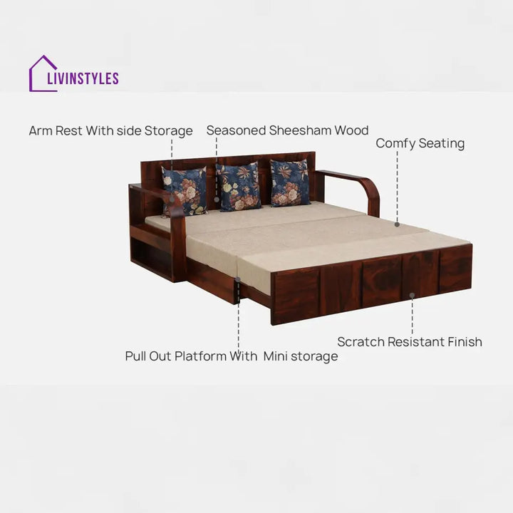 Bergen Sheesham Wood Pull Out 3 Seater Sofa Cum Bed In Scratch Resistant Honey Oak Finish