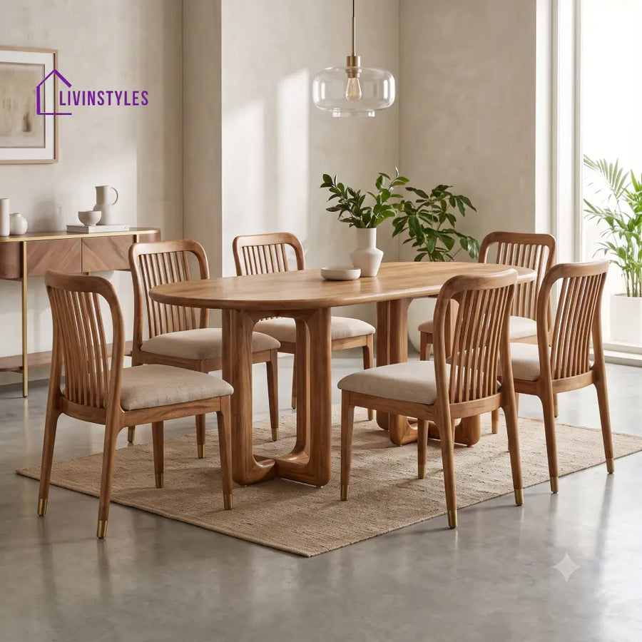 Bernard Premium Mango Wood 6 Seater Dining Table Set | Natural Finish