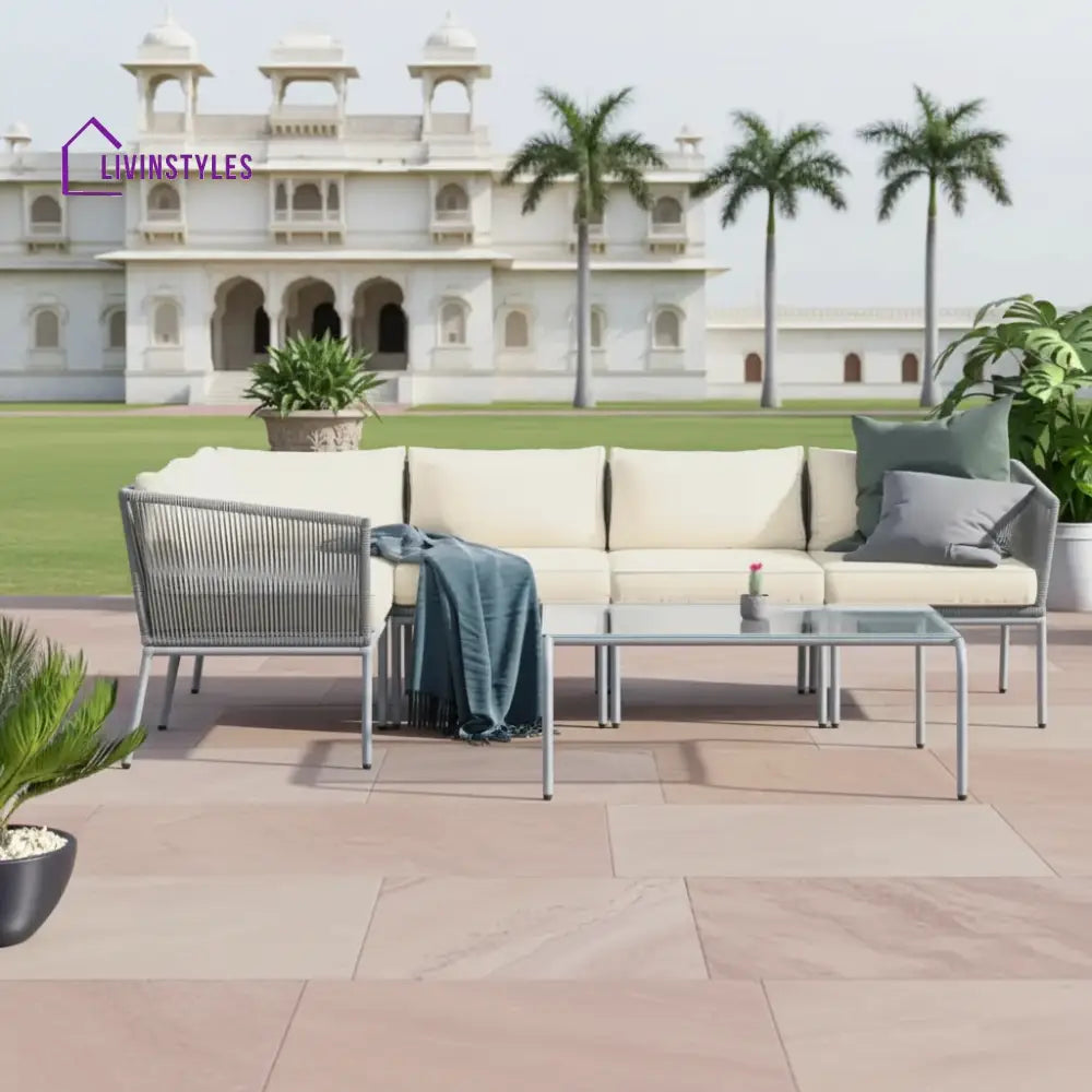 Berri Outdoor Garden Balcony Sofa Set 5 Seater and 1 Center Table Set Braid & Rope (Grey) - Sofa Sets