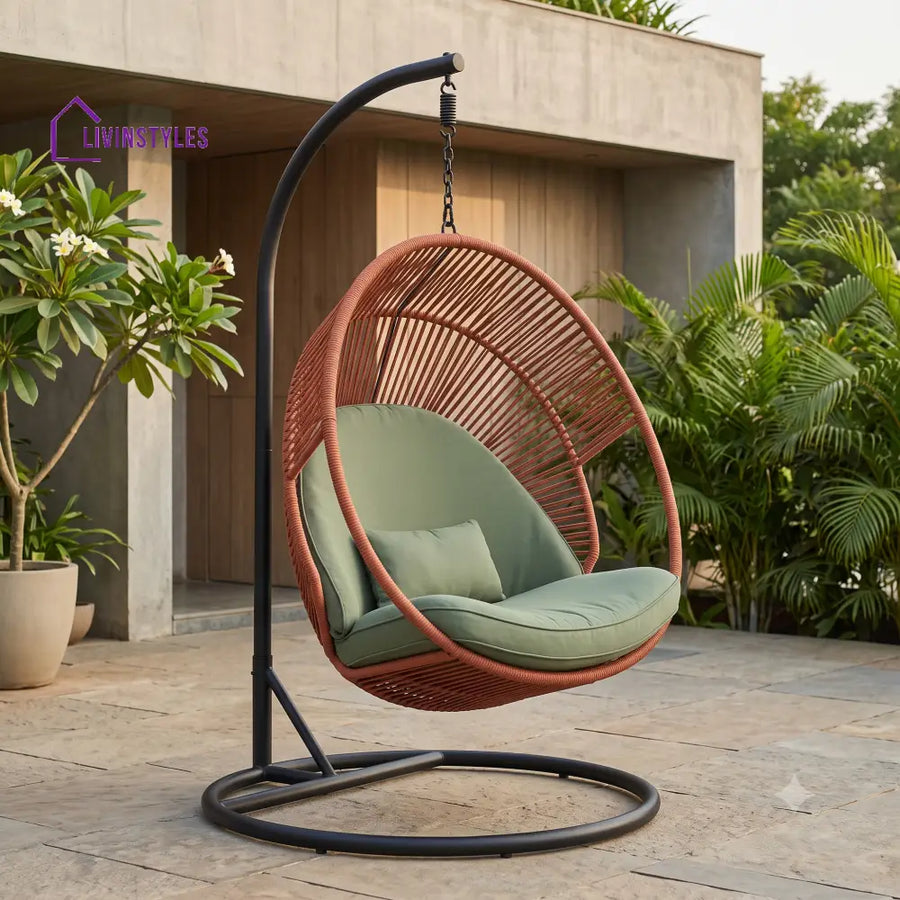 Bertille Metal Frame Swing Chair with Stand | Rope Weaving & Premium Fabric Seating