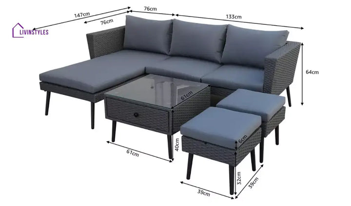 Bettino Outdoor Sofa Set 4 Seater 2 Single seat and 1 Center Table (Black + Grey) - Outdoor Furniture Sets
