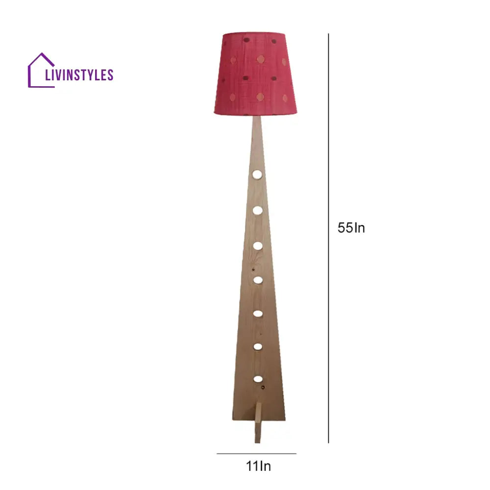 Bevel Wooden Floor Lamp With Beige Base And Red Printed Fabric Lampshade Lamps