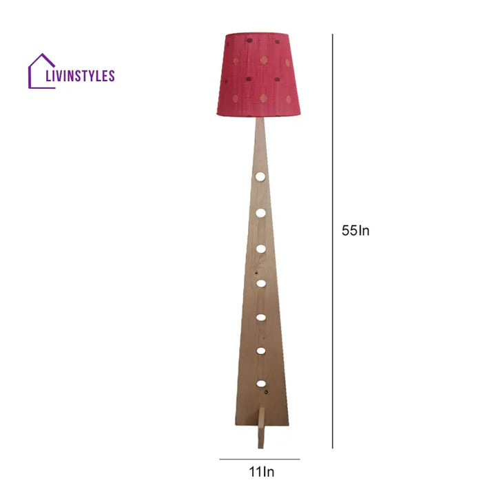 Bevel Wooden Floor Lamp With Beige Base And Red Printed Fabric Lampshade Lamps