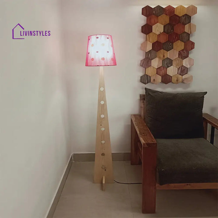 Bevel Wooden Floor Lamp With Beige Base And Red Printed Fabric Lampshade Lamps