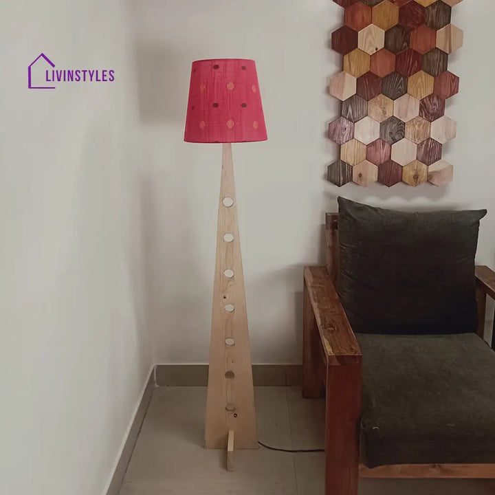 Bevel Wooden Floor Lamp With Beige Base And Red Printed Fabric Lampshade Lamps