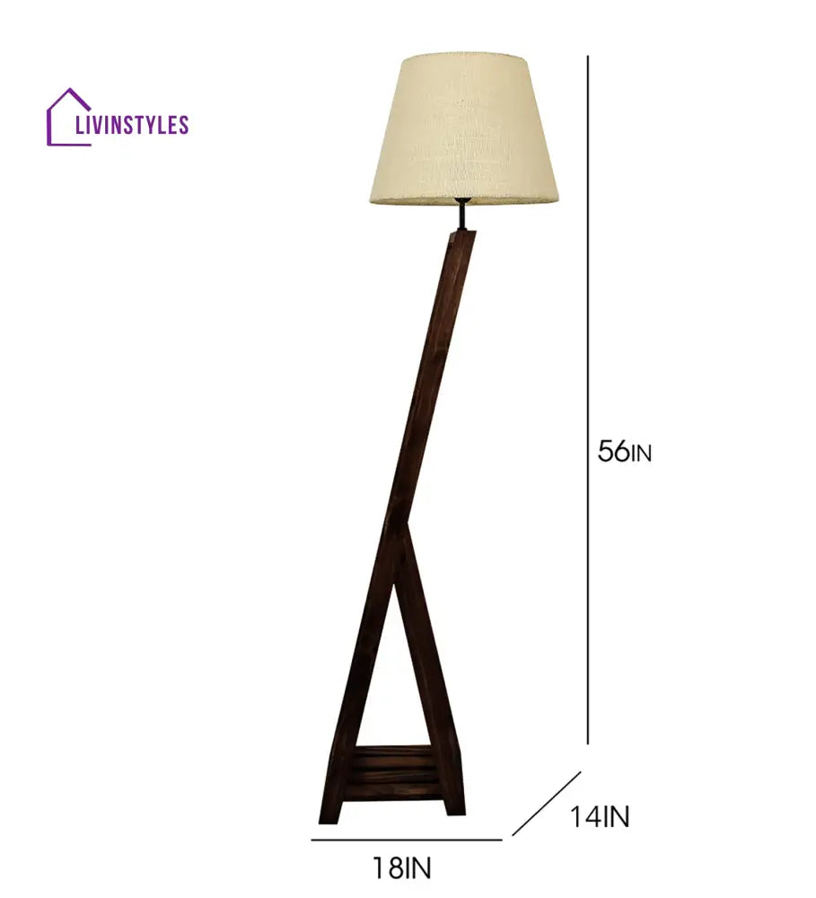 Bezalel Wooden Floor Lamp With Brown Base And Beige Fabric Lampshade Lamps