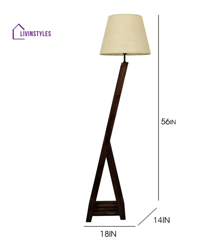 Bezalel Wooden Floor Lamp With Brown Base And Beige Fabric Lampshade Lamps