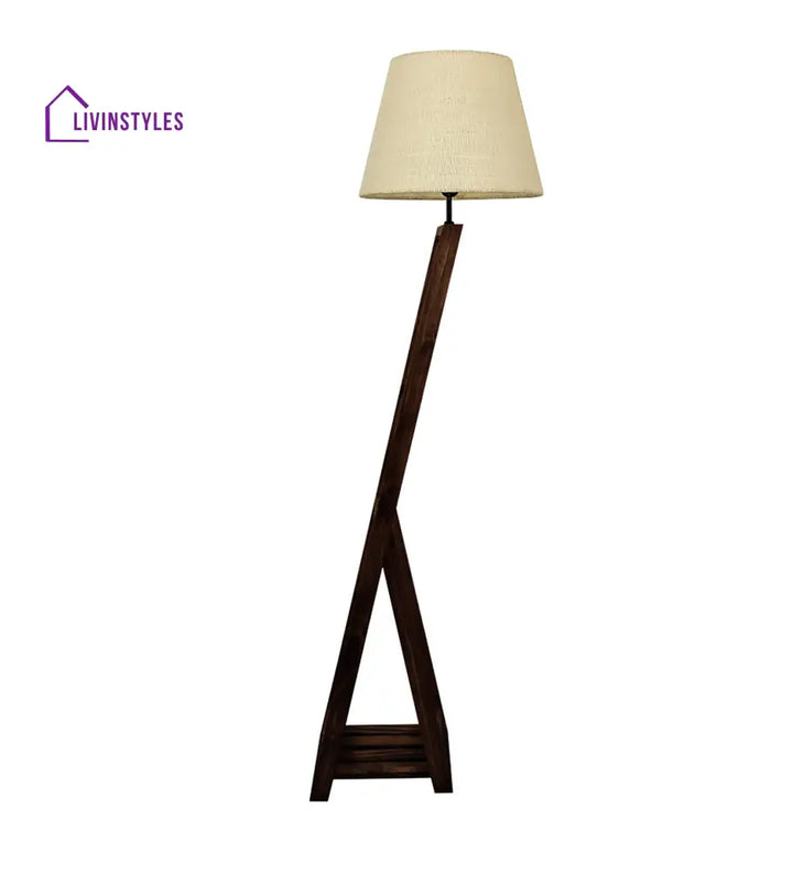 Bezalel Wooden Floor Lamp With Brown Base And Beige Fabric Lampshade Lamps