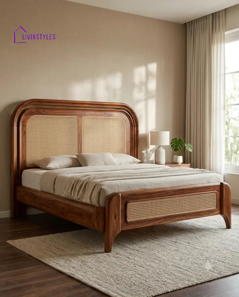 Bharath Wooden Bed with Cane Weaving Headboard Design | Bed without Storage