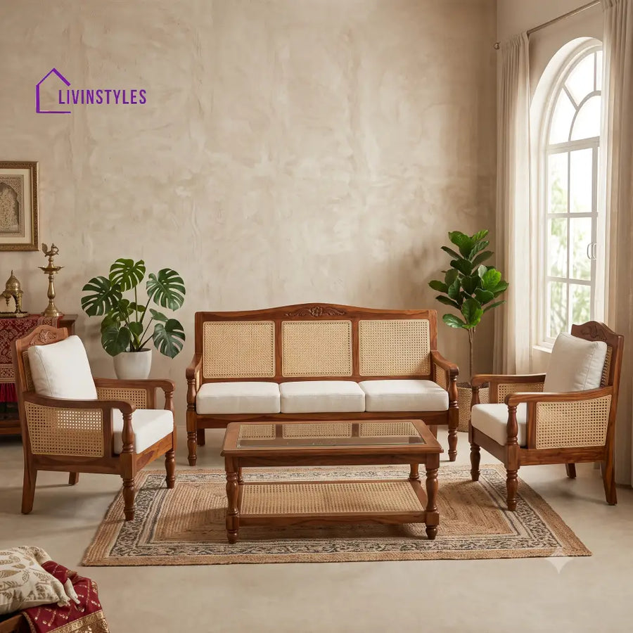 Bharathi Wooden Sofa Set | 3 + 1 + 1 Sheesham Wood Sofa Set for Living Room