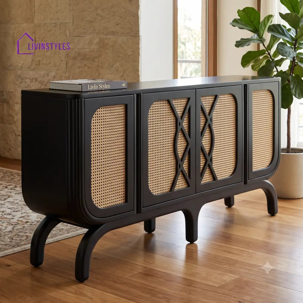 Bhavani Solid Wood Sideboard and Cabinet in Black Finish