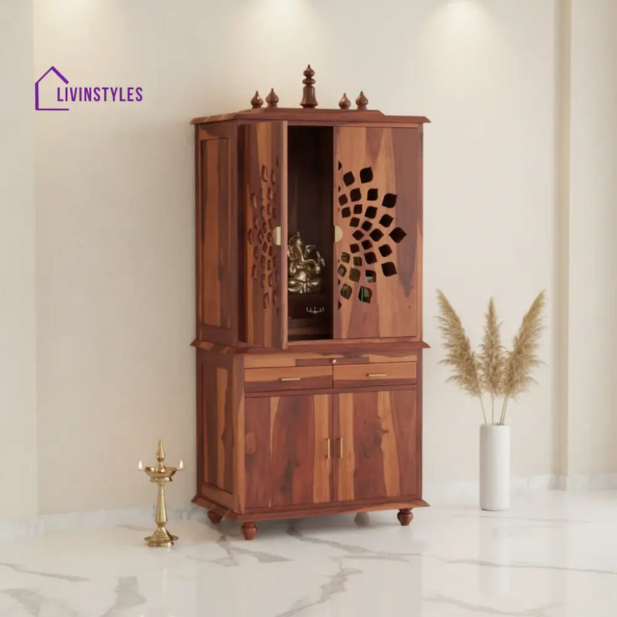 Bhavika Sheesham Wood Home Temple | Mandir For In Honey Finish
