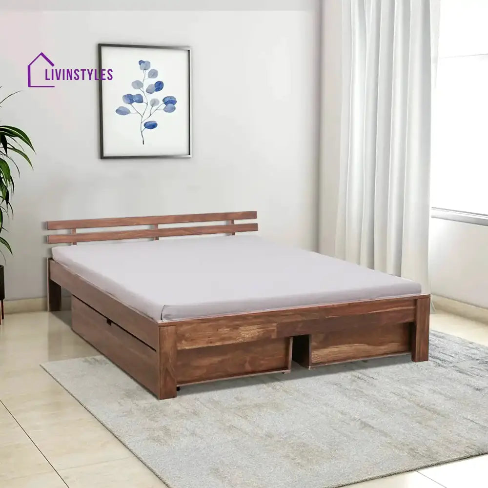 Amol Sheesham Wood Bed With Drawer Storage Queen / Natural Bedroom Furniture Sets