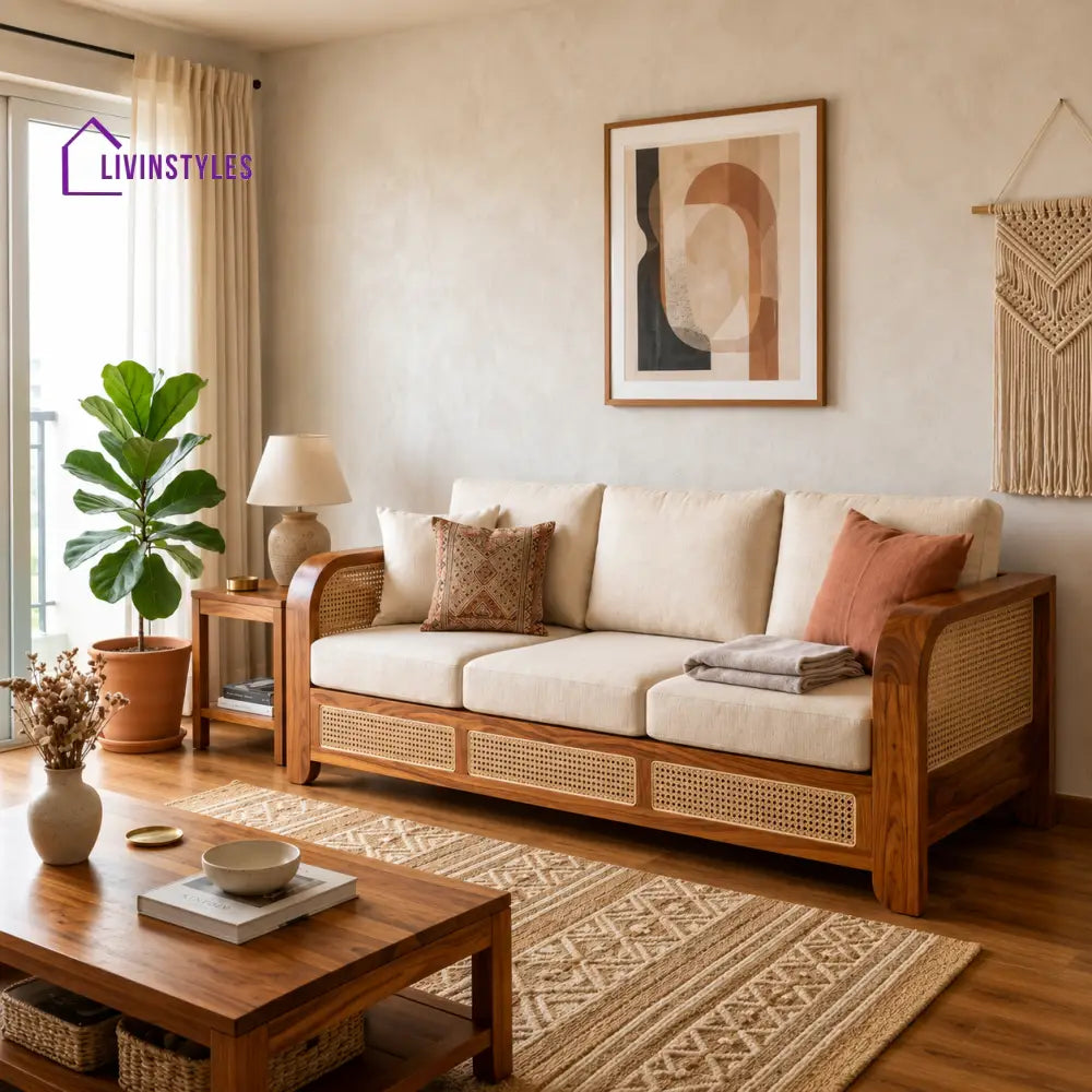 Bhavna Sheesham Wood and Cane Sofa for Living Room