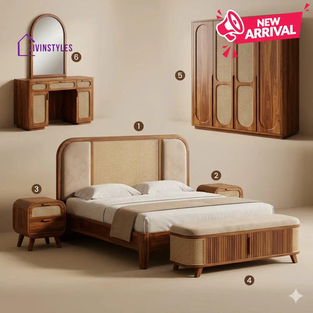 Bhavna Solid Sheesham Wood Bedroom Set with Bed Bedside Tables Bench Wardrobe & Dresser