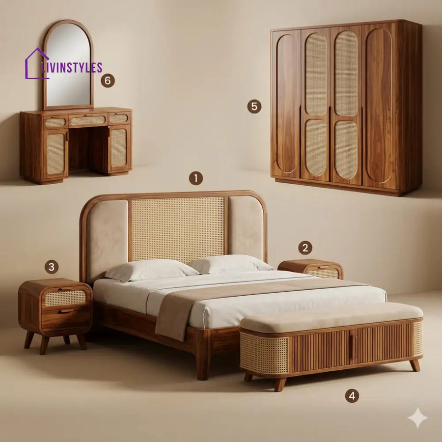 Bhavna Solid Sheesham Wood Bedroom Set with Bed Bedside Tables Bench Wardrobe & Dresser