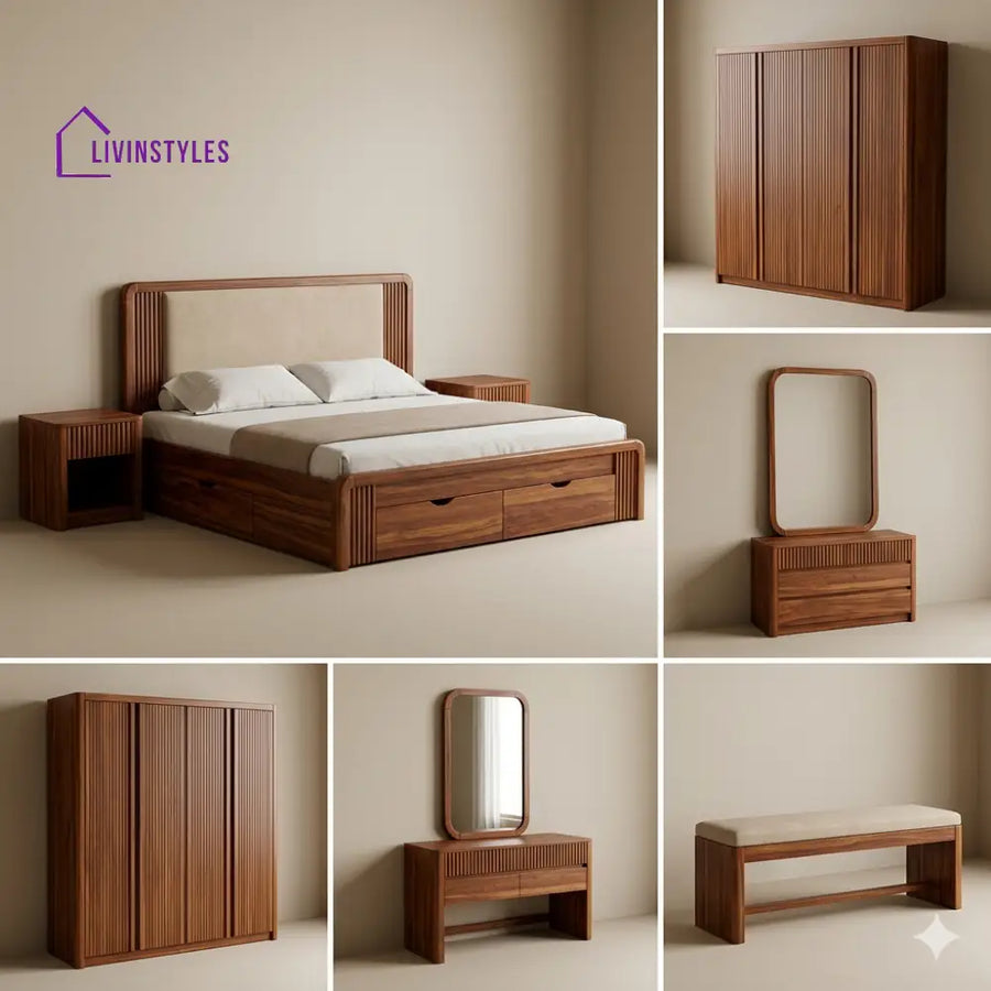 Bhavna Solid Sheesham Wood Bedroom Set with Bed Bedside Tables Bench Wardrobe & Dresser