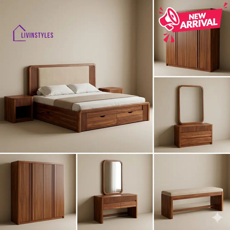 Bhavna Solid Sheesham Wood Bedroom Set with Bed Bedside Tables Bench Wardrobe & Dresser